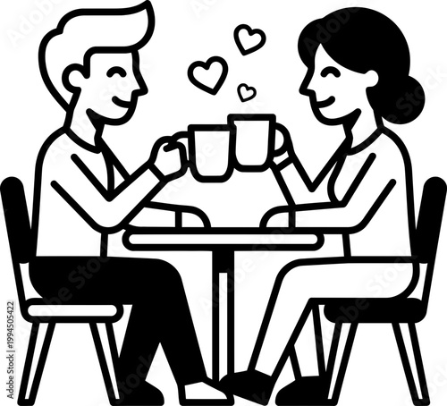 Man and woman joyful toasting coffee mug dating concept. Romantic couple drink beverage icon line art style. Happy love. Vector illustration for greeting card, sticker