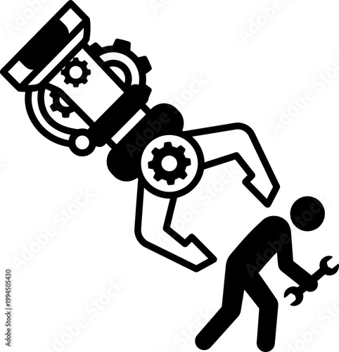 Giant robotic claw with gear on arm picking up and controlling a small man holding a wrench. AI takeover and human manipulation concept. Vector illustration