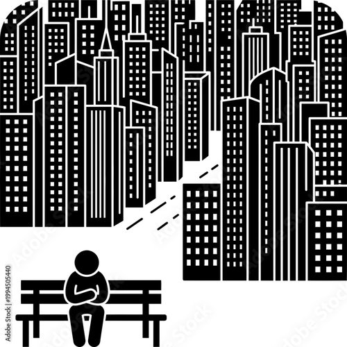 Man feeling lonely and isolated sitting on a bench in front of a big city skyline. Urban solitude concept vector illustration for design