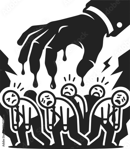 Giant hand oppressing a crowd of suffering people, social control or dictatorship concept. Vector illustration for protest, banner, print