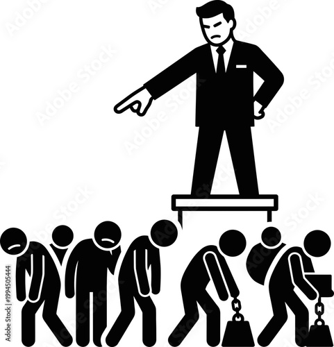 A man boss pointing finger at sad male workers in line with chains and weights. Concept of slavery, bad job, exploitation. Vector illustration