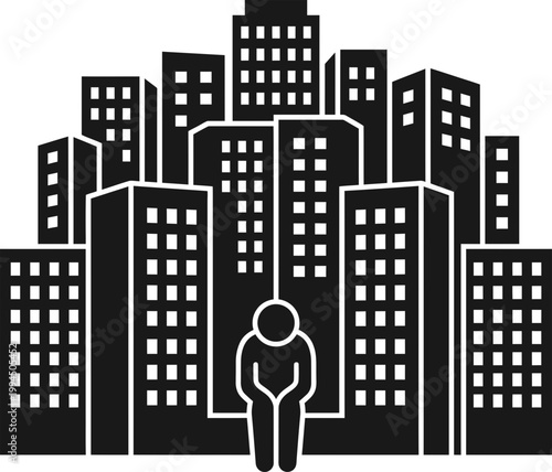 Sad lonely man in urban city. Silhouette of person with depression, stress, anxiety issue. Cityscape. Mental health concept. Vector illustration