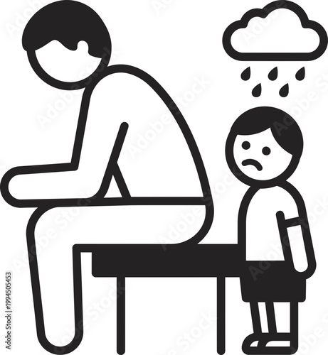 Sad man sitting on bench with upset child under rain cloud. Depression and family relationship problem concept. Flat vector illustration icon symbol