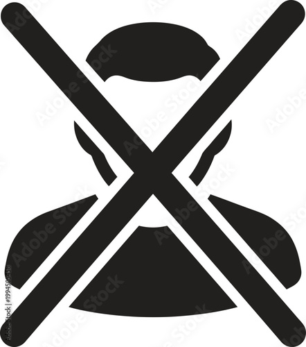 Crossed out person vector icon for user banned, deleted account, no people, privacy, blocked user concept, for web design
