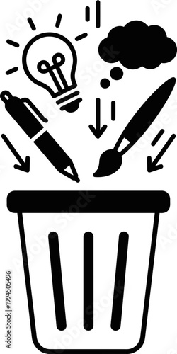 Creative ideas, pen, speech bubble, light bulb, paint brush entering trash can. Lack of idea, exhausted concept. Vector icon for website, app