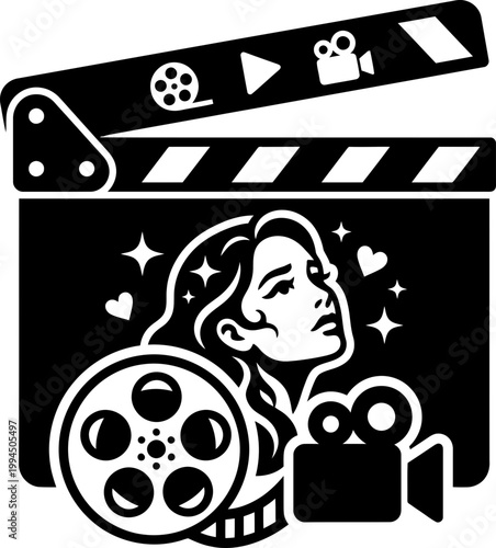 Clapperboard with a womans face, stars, hearts, film reel, and camera. Movie making, cinema, or entertainment icon. Vector illustration