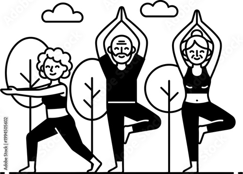 Senior woman and two older people in yoga poses for healthy lifestyle and fitness concept. Minimalist line graphic vector illustration