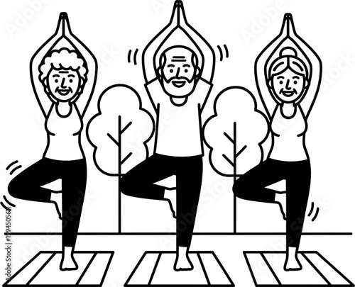 Line art illustration of senior women and man doing tree yoga pose. Group active healthy yoga for elderly people. Vector illustration for class flyer