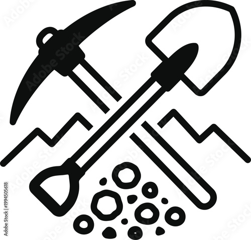 Crossed pickaxe and shovel icon with dirt piles. Mining, construction, labor, and digging concept. Vector line illustration for web, app