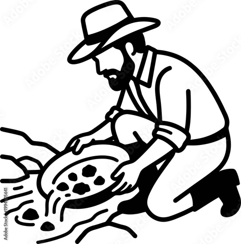Man gold panning, a prospector searching for precious metal using a pan. Flat line art vector illustration