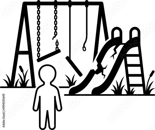 Child stands before broken playground with swing set and cracked slide, depicting childhood hardship and neglect. Vector illustration