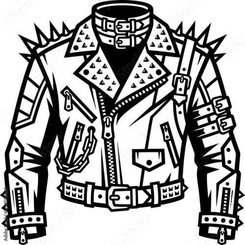 Cool spiked leather biker jacket with chains and buckles. Punk rock style clothing. Vector illustration for apparel, brand, logo