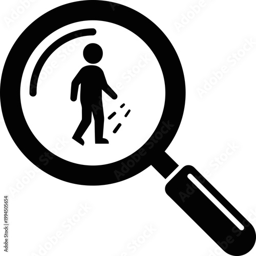 Man silhouette searching person or location with magnifying glass. Search, find, explore, spy, explore concept. Vector icon for website, app, interface