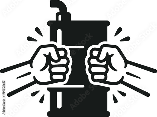 Two fists hitting a barrel, symbolizing global oil crisis or conflict. Monochromatic vector illustration for news, banner, poster