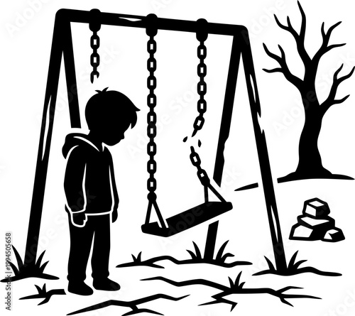 Sad boy standing alone by broken swing set, symbolizing loneliness and childhood difficulties. Vector illustration for design element