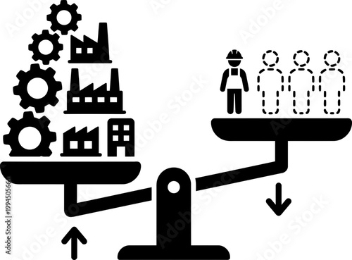 Factory and production balancing against worker and people on a scale in a black vector icon for industry concept