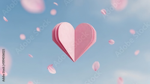 Pink Heart Decoration for Weddings and Celebrations, Romantic Style with Petals in Blue Sky