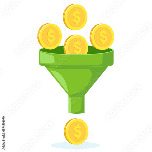Gold coins entering a funnel and converting into income, symbolizing financial filtering, revenue generation, sales funnel, investment process and profit optimization