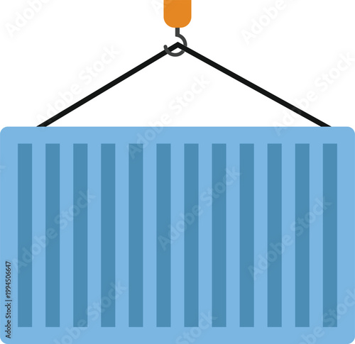 Flat Vector Illustration of a Blue Shipping Container with Crane Hook for Global Logistics. It represents active movement in a port or warehouse.