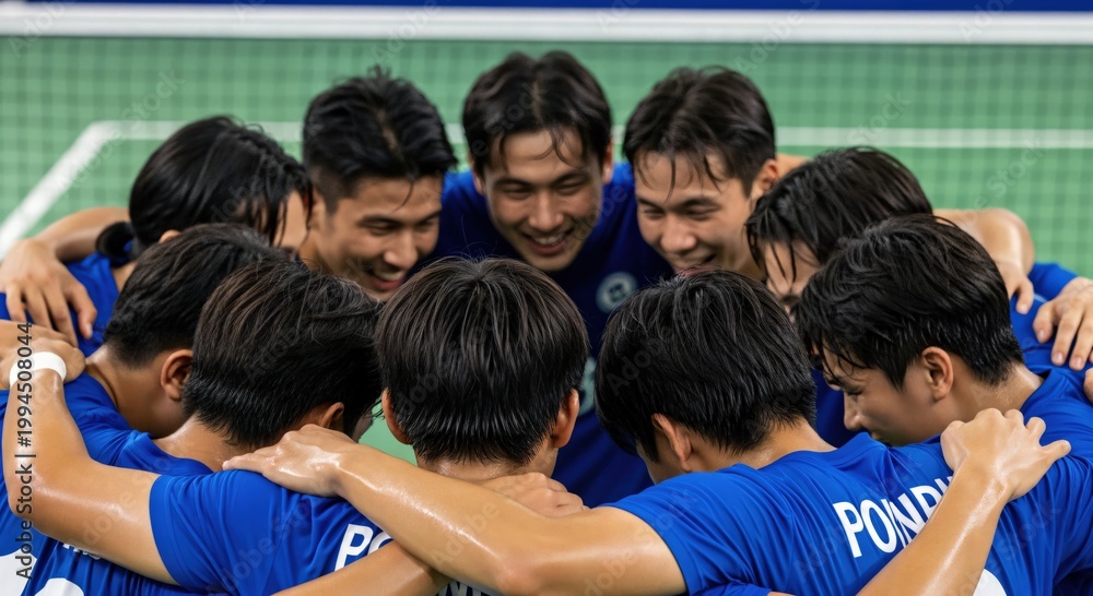 Naklejka premium Excited Asian Male Athletes in Blue Team Jerseys Celebrating Together in a Sports Huddle