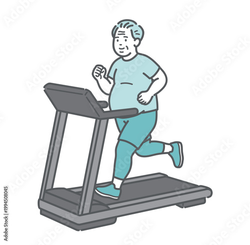 トレッドミルで運動するぽっちゃり体型のシニア男性のイラスト（笑顔）