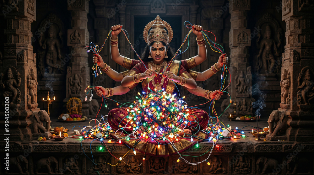 Fototapeta premium An ancient mythological deity with multiple arms furiously trying to untangle a massive ball of modern Christmas lights