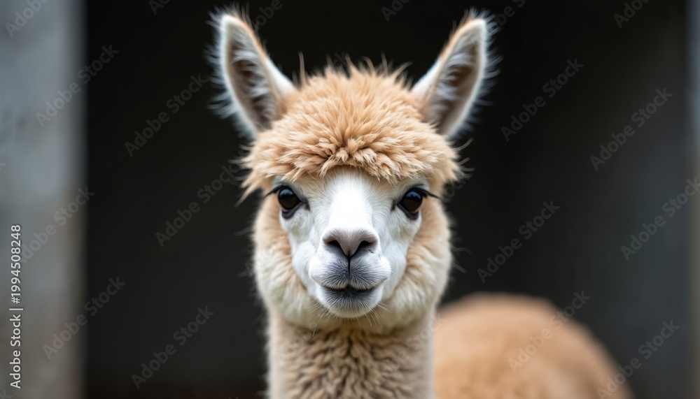 Naklejka premium Close up front portrait of a young fuzzy alpaca face looking directly at camera. Its fluffy light brown woolly fleece and big dark eyes are visible. Copy space on dark blurred background.