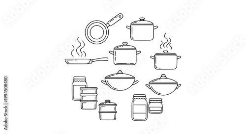 Kitchen cookware outline icon collection with pots pans saucepan frying pan and containers vector set