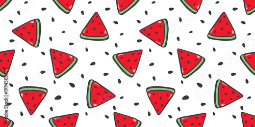 Seamless pattern with slices of juicy, ripe, delicious, sweet watermelon. White background with triangles of red fruit. Summer fruity colorful print for textiles, packaging, paper, and design. Vector 