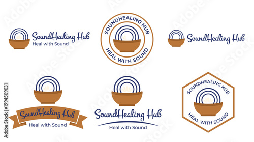 Sound healing hub logo variations: flat vector singing bowl icons, lotus and sound waves.