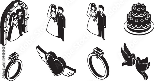Wedding icons and symbols in black and white