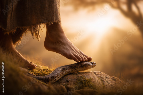 Ancient Biblical Foot Crushing Head of Snake, Victory Over Evil Concept