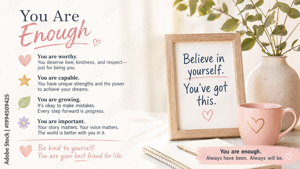 Fototapeta premium Still life with motivational quotes promoting self esteem like you are enough and believe in yourself