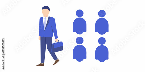 A businessman walks among faceless figures in a minimalist style