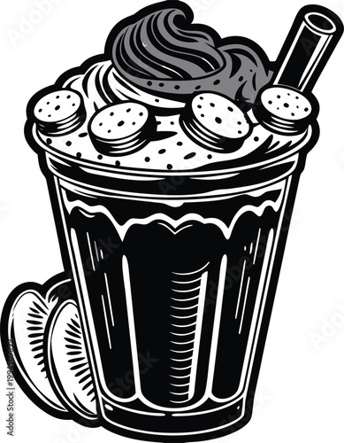 Black milkshake, chocolate, vector, illustration, dessert, drink, food, icon,  macarons