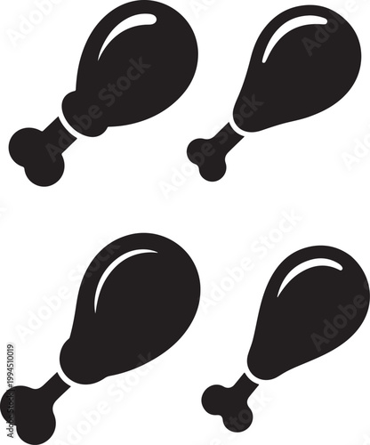 Set of Minimalist Black Chicken Leg Drumstick Meat Silhouette Vector Icons Black and White