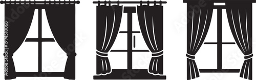 Window Curtains Silhouette Set, Interior Drapes and Window Frame Collection, Home Decor Illustration