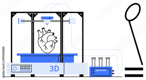 Advanced 3D printer crafting heart model, surrounded by lab equipment and a magnifier. Ideal for healthcare, innovation, medical technology, research, science, education, futuristic design simple