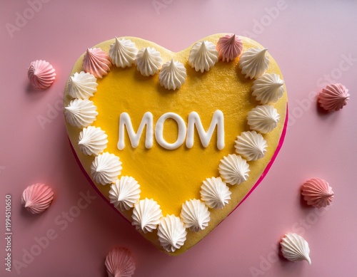 Mother's day concept. Top view of a cake in shape of a pale yellow heart with MOM on pink background with  meringues and pink origami  hearst and copy space