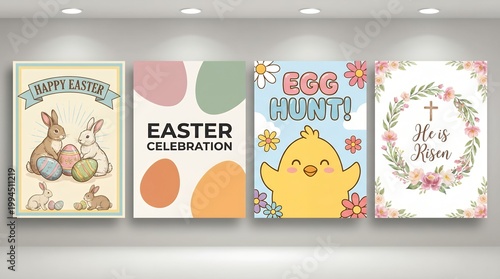 Varied Colorful Easter Themed Posters Displayed on White Gallery Wall with Spotlights