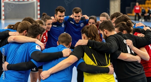 Dynamic Male and Female Team Huddle in Indoor Sports Arena, Engaging in Pre-Game Strategy Session