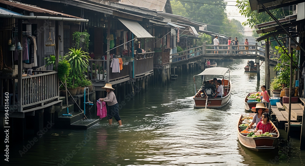 Obraz premium Floating market scene with traditional wooden stilt houses, boats selling goods, and people shopping in Thailand, natural light and ambiance