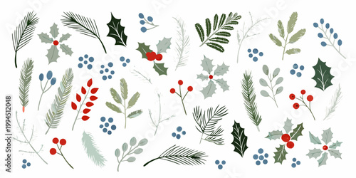Festive botanical illustration with holly berries and various foliage
