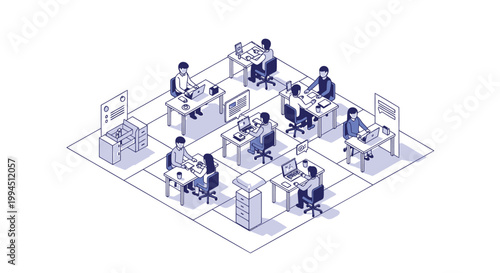 Isometric office, workspace, cubicles, team collaboration, business productivity