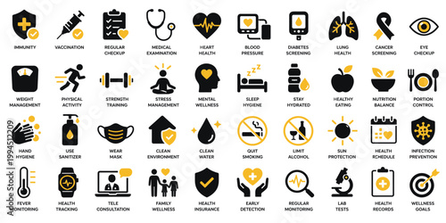 Preventive healthcare icon set with wellness, hygiene and medical screening symbols, Concept of healthy lifestyle, disease prevention and public health