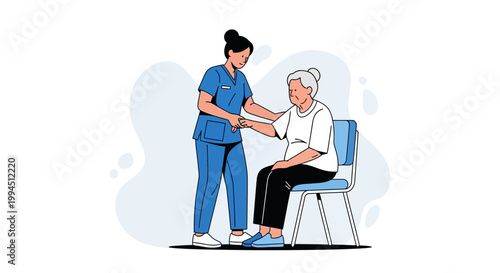 Nurse assisting elderly woman in chair, healthcare, medical care, support, compassion
