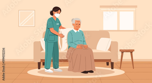 Nurse assisting elderly woman sitting on sofa, home care, medical support, comfort, compassion
