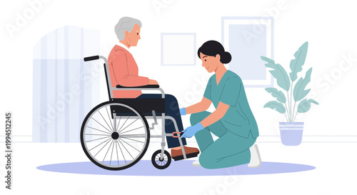 Nurse assisting elderly woman in wheelchair, home care, medical support, compassionate care