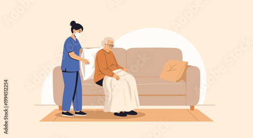 Nurse assisting elderly woman sitting on sofa, home care, support, comfort