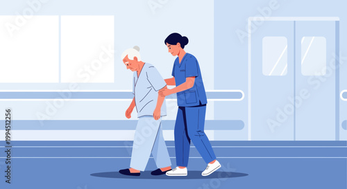 Nurse assisting elderly woman walking in hospital corridor, rehabilitation concept